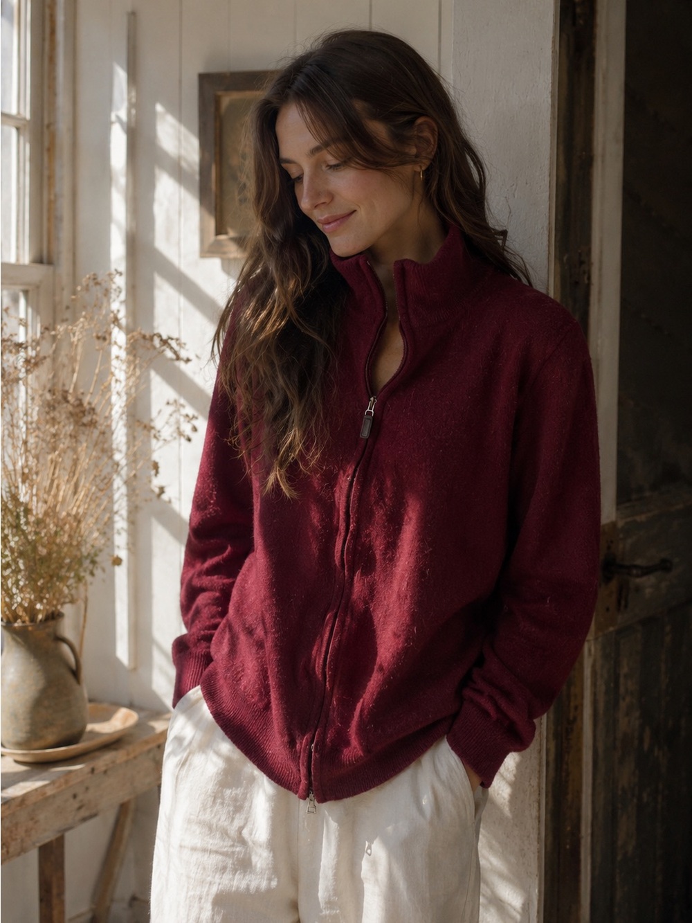 JOS. A. BANK | 100% Merino Wool Sweater | Burgundy Full-Zip Mock Neck Cardigan